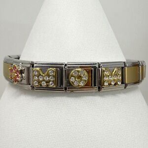 D'LINQ Mom Charm Bracelet Rhinestone Gold Tone Stainless‎ Steel Expandable